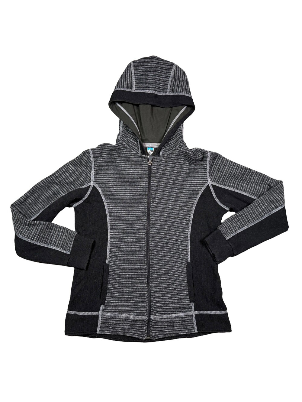 Kuhl Sovana Women's Medium Wool Blend Full Zip Hoodie Black Gray Striped Jacket